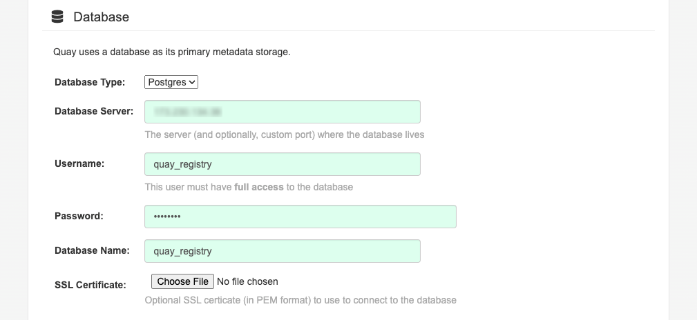 The Database section of the Project Quay setup screen.