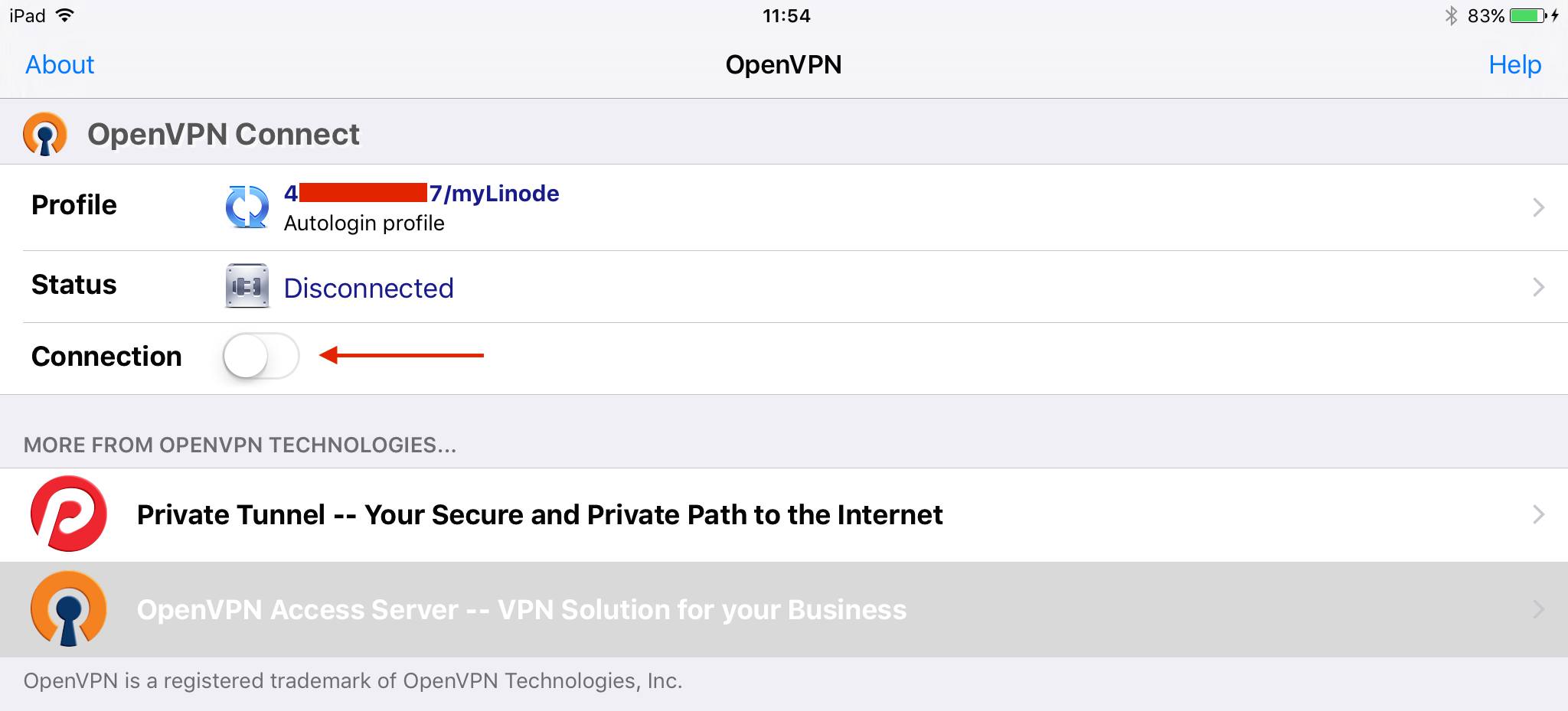 OpenVPN Connect connection status