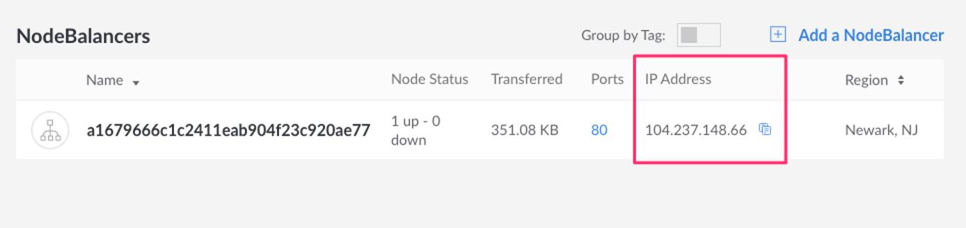 Find the IP address of the NodeBalancer in Cloud Manager