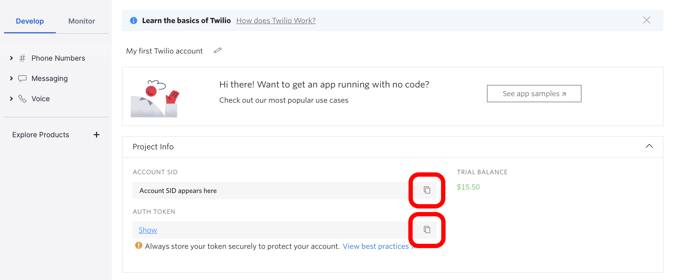 Twilio console - SID and auth token copy buttons highlighted